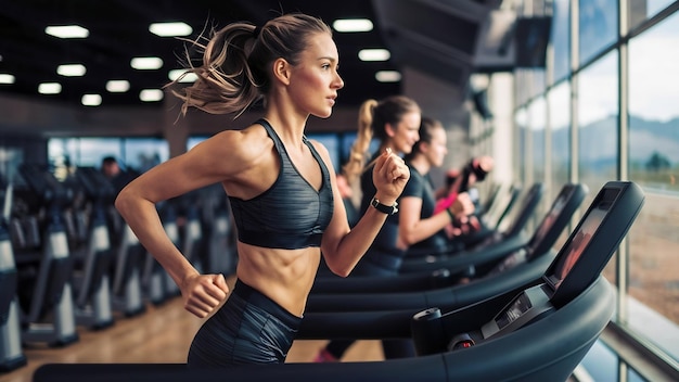 Une fille de fitness qui court sur un tapis roulant.