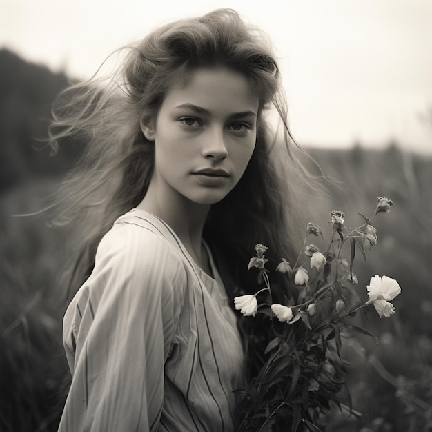 Une fille avec une fleur noire et blanche photo de style esthétique