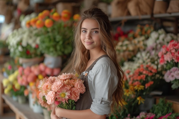 Une fille fleuriste assemble un bouquet sur une table en bois dans un magasin de fleurs