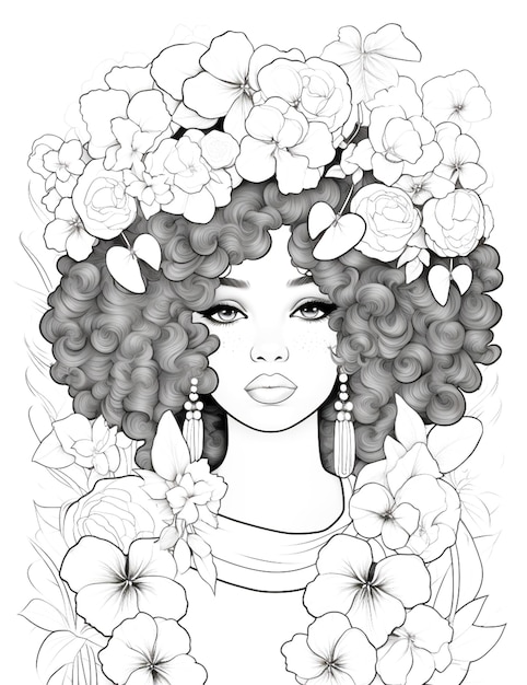 Photo fille avec des fleurs dans les cheveux et la main dessin à colorier