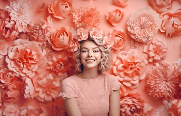 Fille avec des fleurs sur la tête isolée sur fond rose dans une IA générative de studio