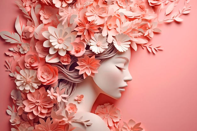 Fille avec des fleurs sur la tête isolée sur fond rose dans une IA générative de studio