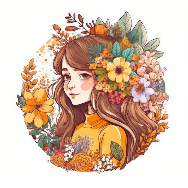 Une fille avec des fleurs sur la tête.