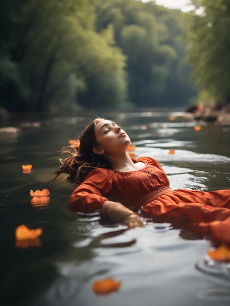 Une fille flotte dans la rivière