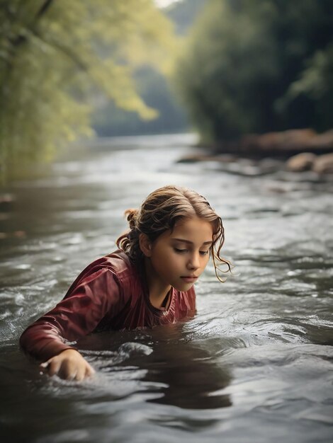 Une fille flotte dans la rivière