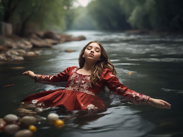 Une fille flotte dans la rivière