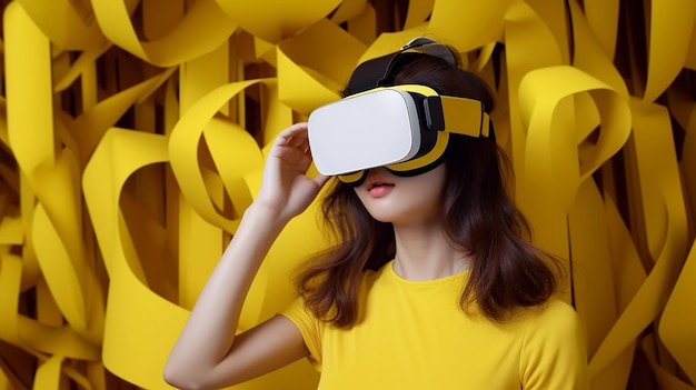 Une fille sur fond jaune dans des lunettes de virtualité VR Generative AI