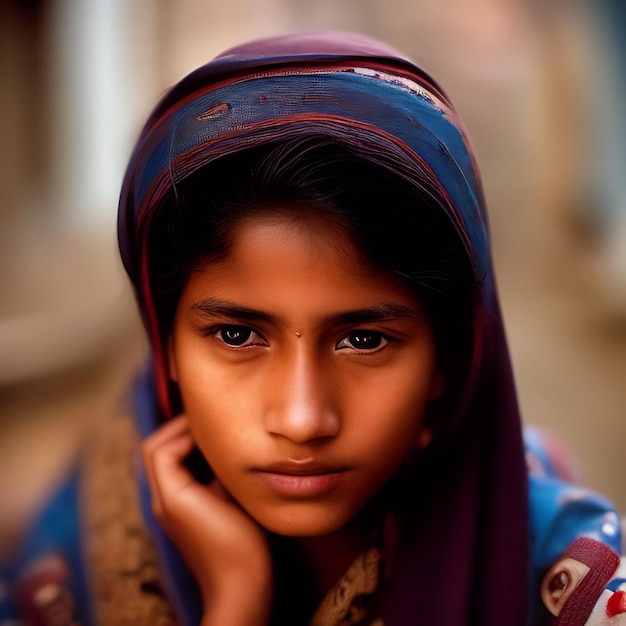 Une fille avec un foulard bleu sur la tête regarde la caméra.