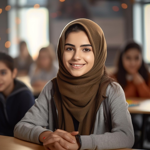 Une fille avec un foulard sur lequel est écrit " école ".