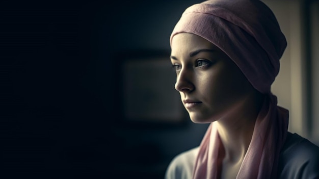 Une fille avec un foulard rose sur la tête regarde au loin.