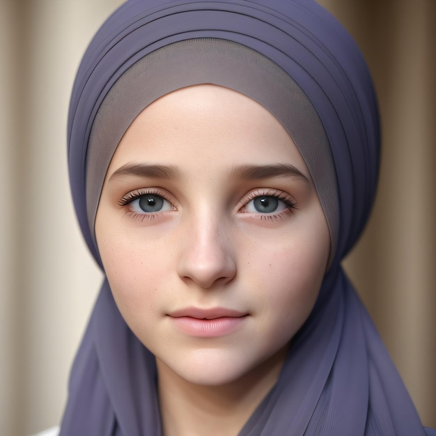 Une fille avec un foulard sur la tête et des yeux bleus.