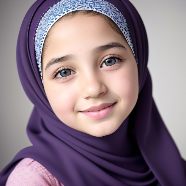 Une fille avec un foulard violet sur la tête et une chemise rose avec un motif bleu dessus.