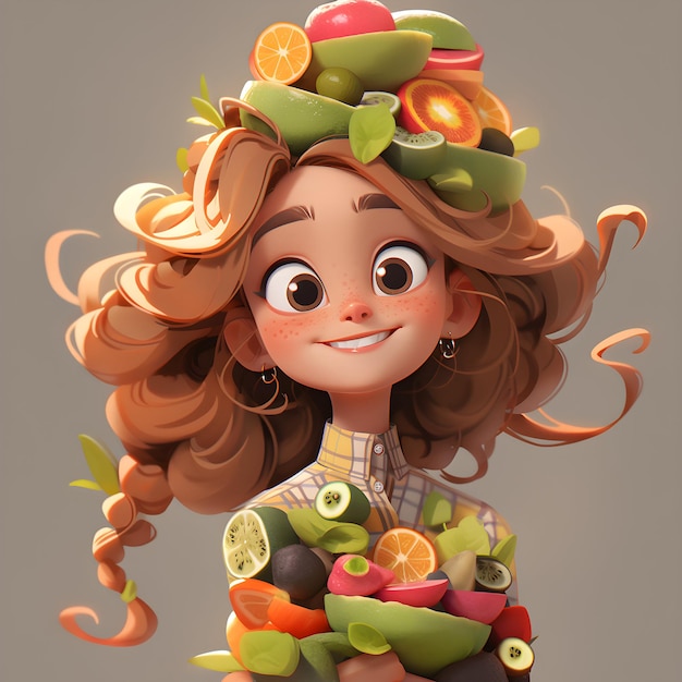 fille avec des fruits autour d'elle