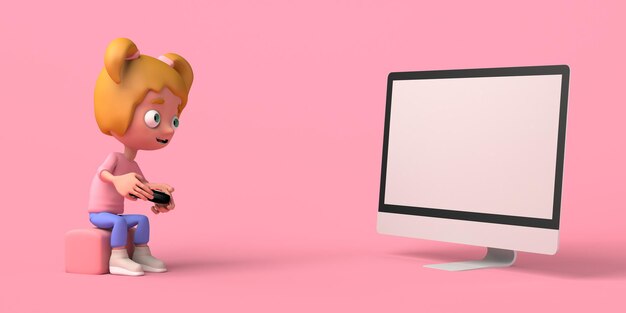 Fille gamer jouant au jeu vidéo devant l'ordinateur Copier l'espace Illustration 3D Dessin animé