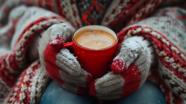 fille en gants tricotés tenant une tasse de café chaud en hiver à l'extérieur