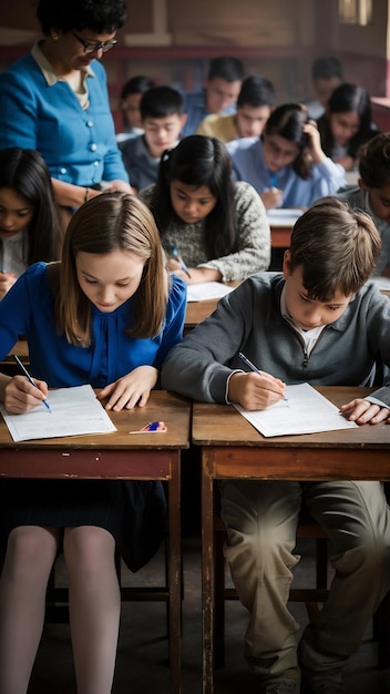 Une fille et un garçon font un examen.