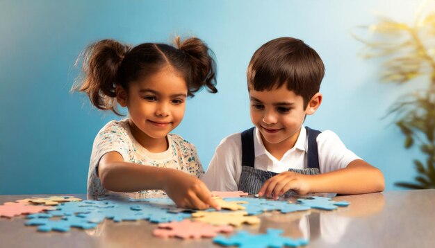 une fille et un garçon jouant avec un puzzle sur un fond bleu clair