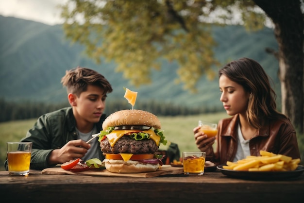 Une fille et un garçon mangent un délicieux hamburger accompagné d'un verre de whisky sur glace