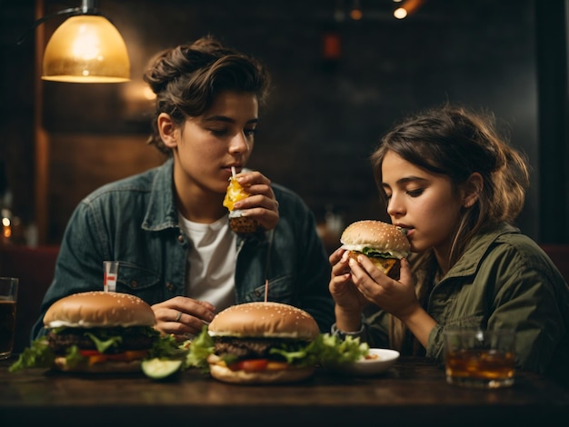 Une fille et un garçon mangent un délicieux hamburger accompagné d'un verre de whisky sur glace