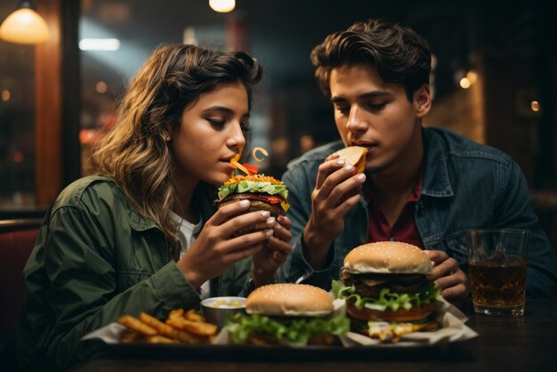 Une fille et un garçon mangent un délicieux hamburger accompagné d'un verre de whisky sur glace