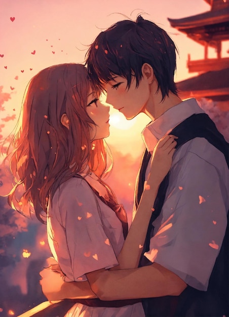 une fille et un garçon montrant leur amour l'un pour l'autre style d'art anime