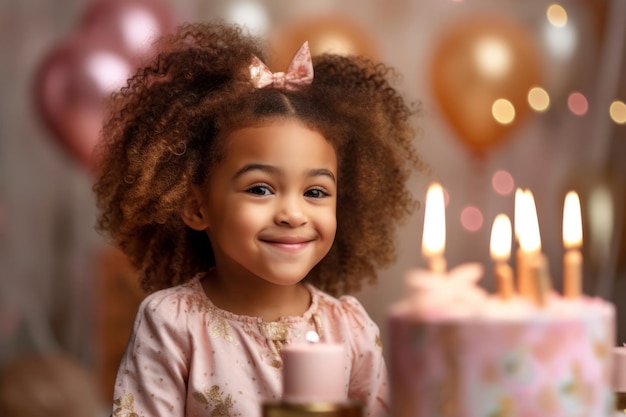 Une fille avec un gâteau d'anniversaire et des ballons