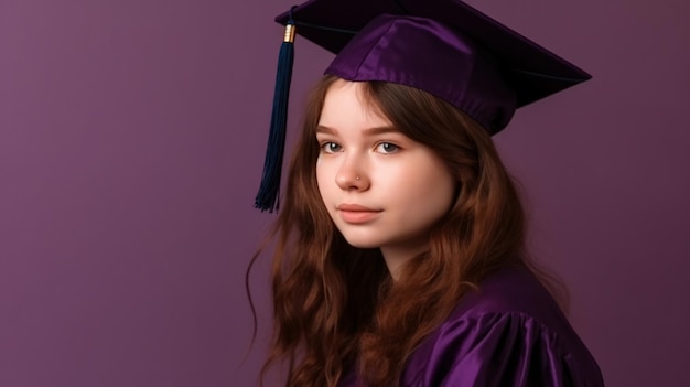 Fille avec Graduation Cap fond violet