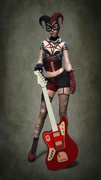 Une fille avec une guitare dans un costume de clown. illustration 3D