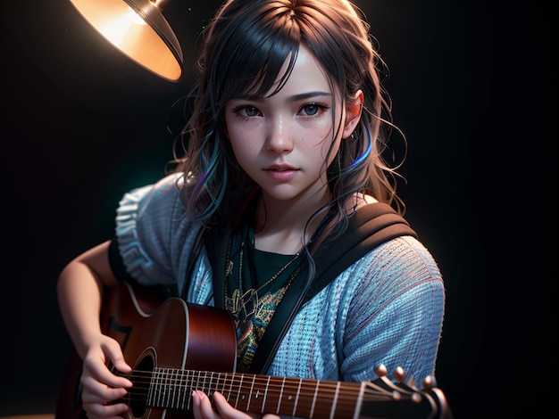 Une fille avec une guitare dans les mains joue de la guitare.