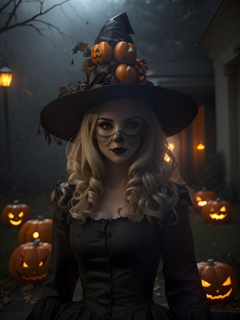 Fille d'Halloween avec fond de citrouille