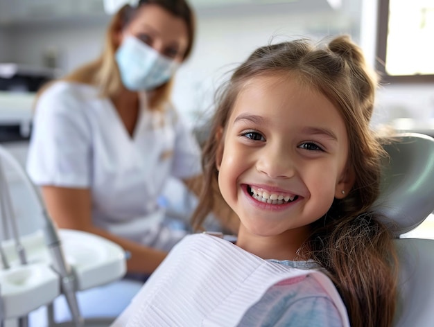 Photo une fille heureuse chez le dentiste.