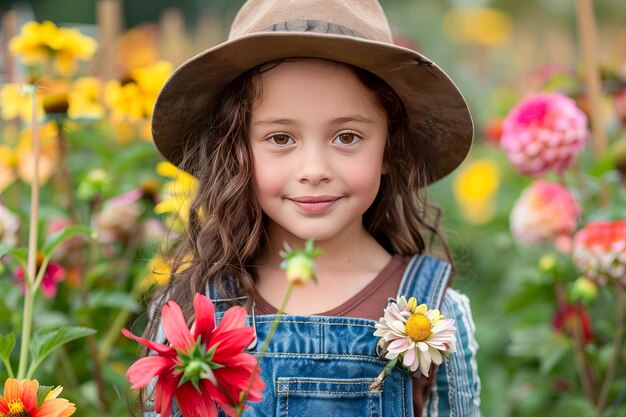 Une fille heureuse en combinaison et chapeau faisant du jardinage dans un jardin généré par l'IA