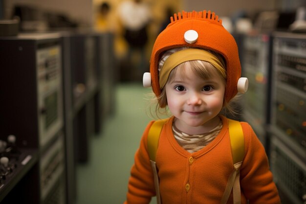 Photo fille heureuse en costume de développeur de logiciels avec ia générative