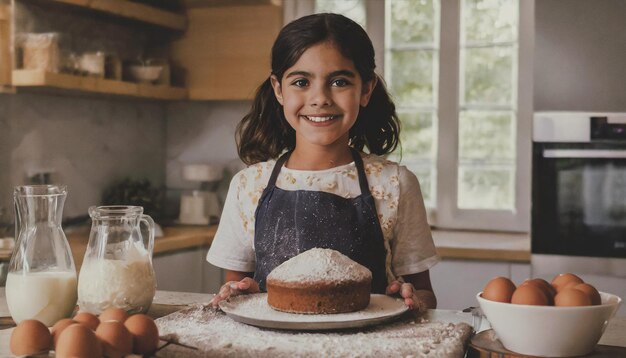 Une fille heureuse cuisinant un gâteau.