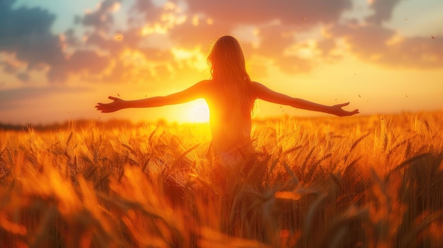 Une fille heureuse dans un champ sur le fond du soleil Composition d'été