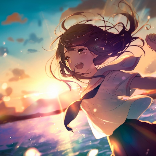 Fille heureuse dans les rayons du soleil dans un style anime