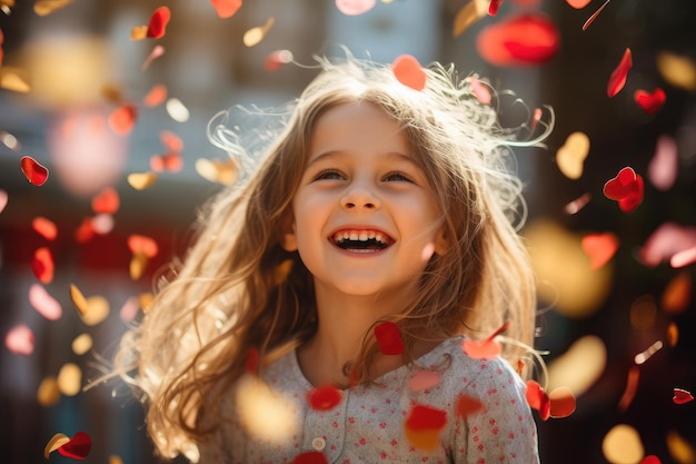 une fille heureuse dansant et sautant dans des cœurs de confettis