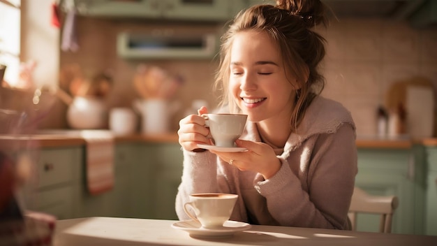 Une fille heureuse exprime son bonheur en buvant du café dans sa cuisine confortable.