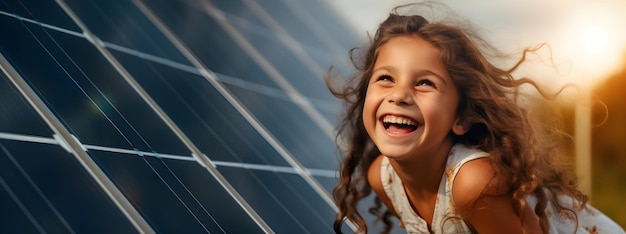 Une fille heureuse sur le fond d'un panneau solaire source d'énergie alternative