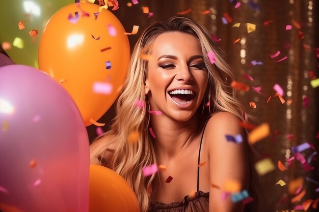 Fille heureuse sur un fond rose entourée de ballons multicolores, de boîtes-cadeaux et de confettis festifs