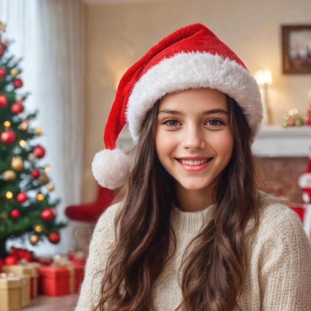 Fille heureuse portant le chapeau de Père Noël