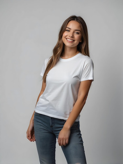 Une fille heureuse portant un T-shirt blanc et des jeans bleus Un T-shirt blanc à mock-up