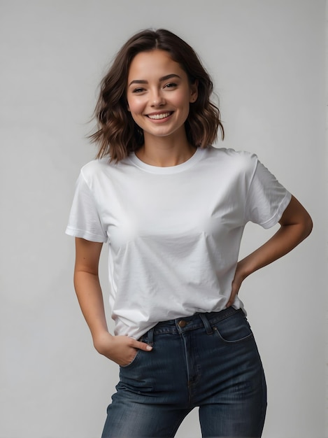 Une fille heureuse portant un T-shirt blanc et des jeans bleus Un T-shirt blanc à mock-up