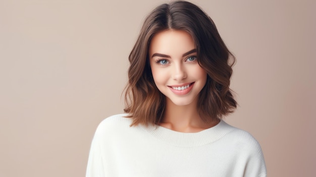 Une fille heureuse en pull blanc regardant la caméra avec un sourire.