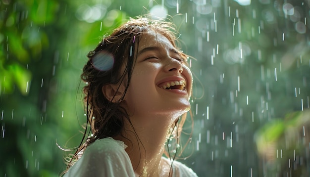 Une fille heureuse qui rit et sourit parfaitement sous la pluie.