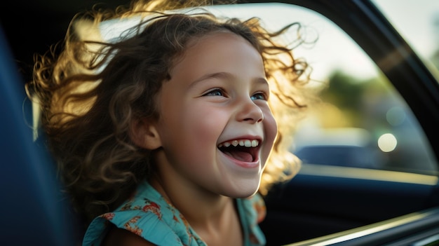 Une fille heureuse riant sur le siège arrière de la voiture en voyage créée avec la technologie d'IA générative