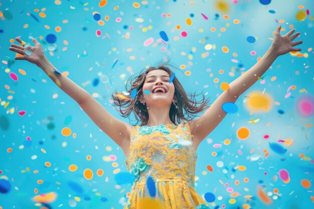 Une fille heureuse en robe fête sous la pluie de confettis