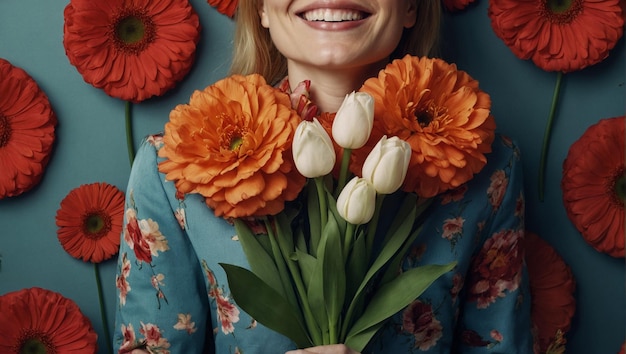 Une fille heureuse satisfaite d'un bouquet de fleurs l'humeur festive de la fête de la femme