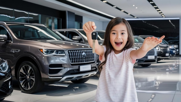 Une fille heureuse tenant les clés de son tout nouveau SUV dans la salle d'exposition d'un concessionnaire automobile.