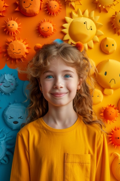 Une fille heureuse en vêtements brillants sur un mur coloré avec des emojis